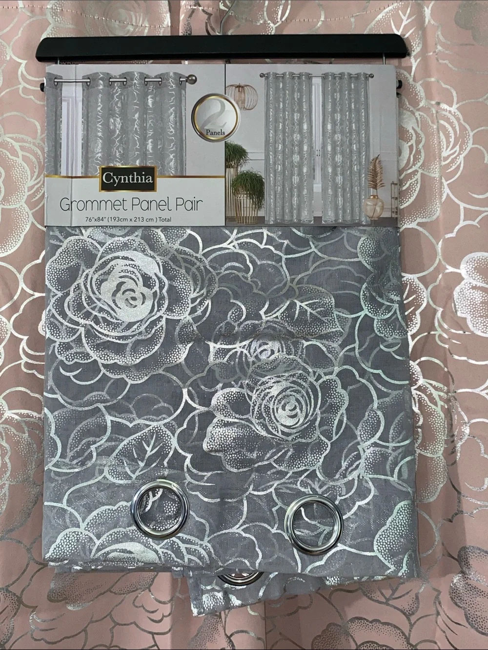 Cynthia Floral Rose Grommet Sheer Curtain Panel Pair Silver & Gray